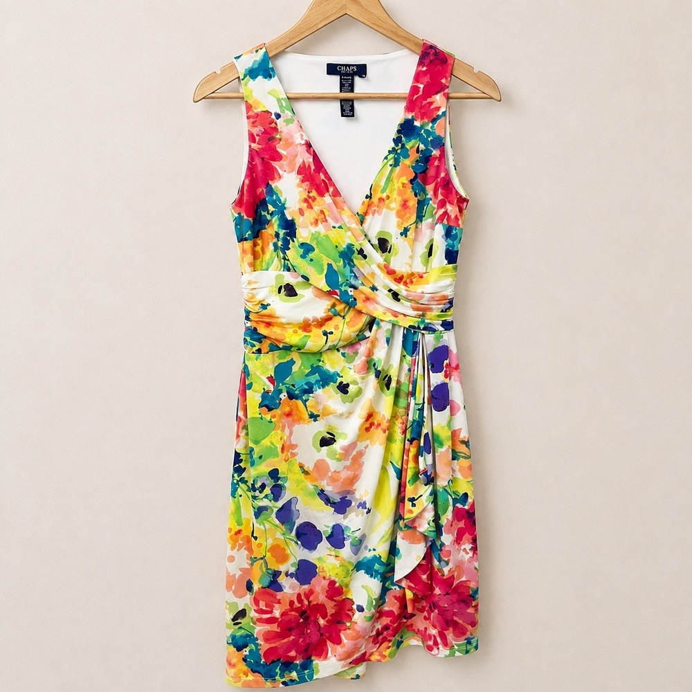 Chaps Womens Floral Faux Wrap Sheath Dress Sleeveless Multicolor V-Neck Medium